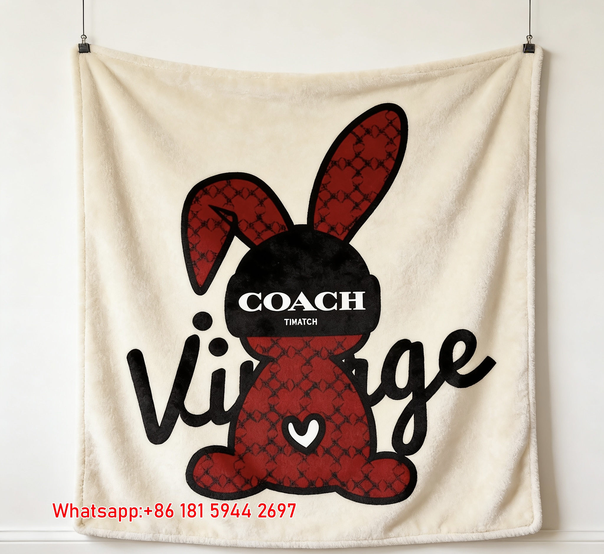 Coach Vintage Red Bunny Flannel Throw Blanket C328